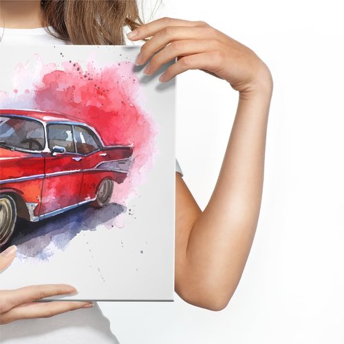 Schilderij - Rode Oldtimer, print op canvas, premium print