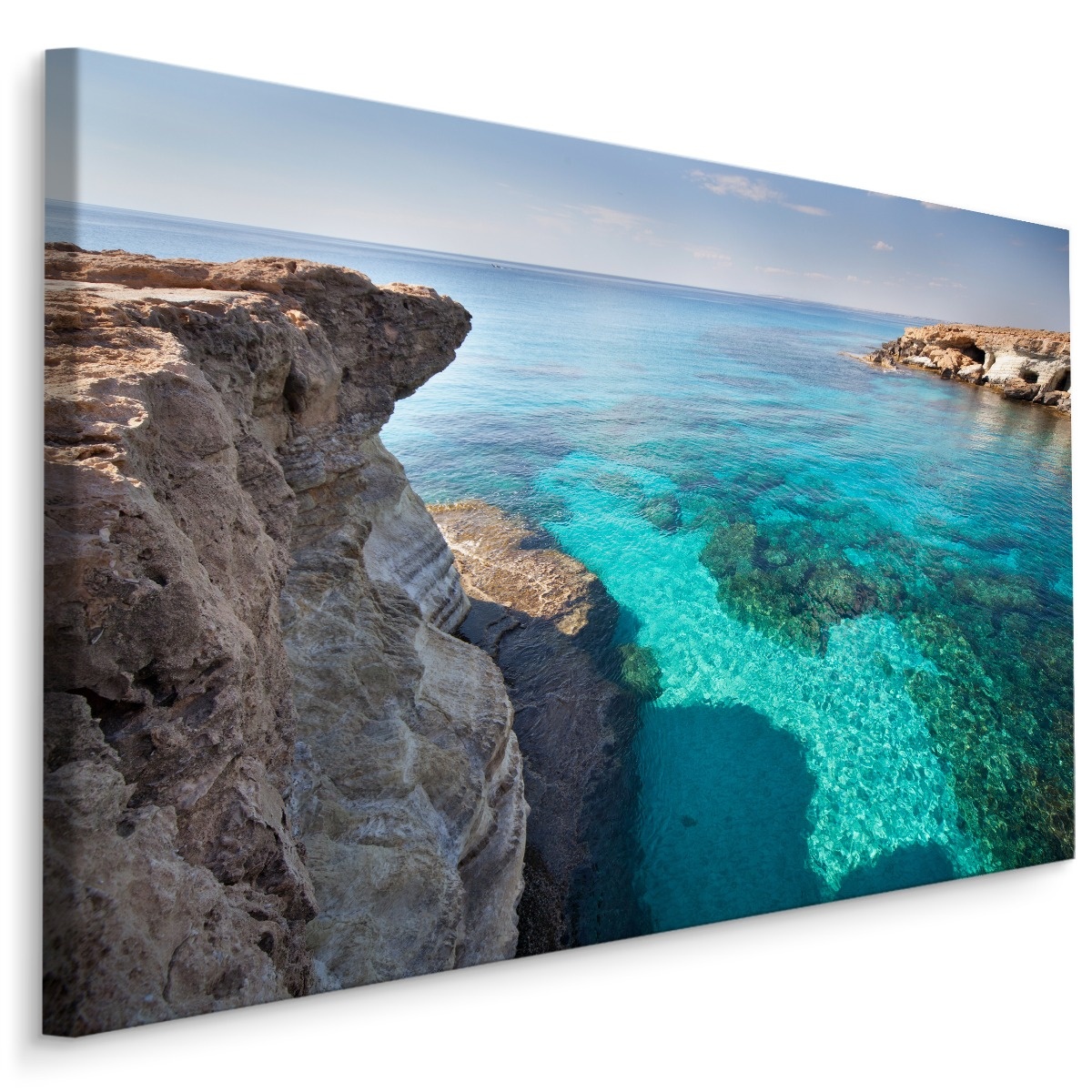 Schilderij Kliffen en helder water, blauw/beige, premium print afbeelding