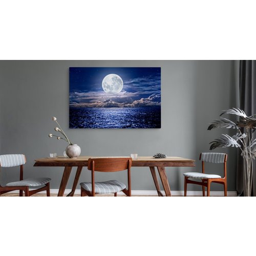 Schilderij - Volle maan boven de zee, blauw/wit, scherpe print Schilderij - Volle maan boven de zee, blauw/wit, scherpe print