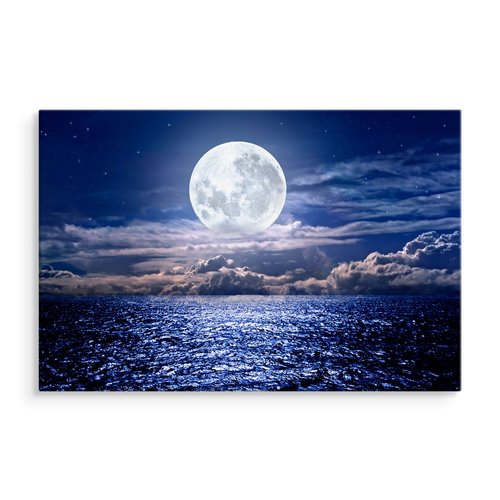 Schilderij - Volle maan boven de zee, blauw/wit, scherpe print Schilderij - Volle maan boven de zee, blauw/wit, scherpe print