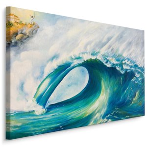 Schilderij - Grote golf in Japan (print op canvas), blauw/wit, premium print