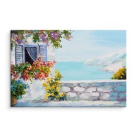 Schilderij - Grieks huis aan de zee (print op canvas), multi-gekleurd, wanddecoratie