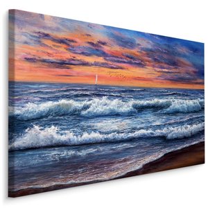 Schilderij - Wilde zee en zonsondergang (print op canvas), multi-gekleurd, wanddecoratie