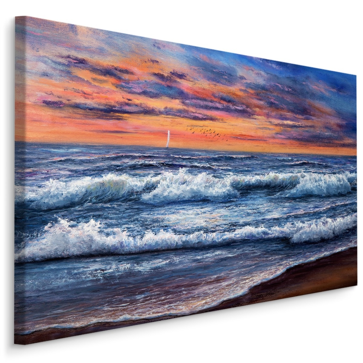 Schilderij - Wilde zee en zonsondergang (print op canvas), multi-gekleurd, wanddecoratie afbeelding