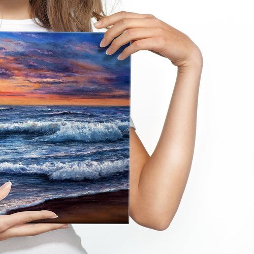 Schilderij - Wilde zee en zonsondergang (print op canvas), multi-gekleurd, wanddecoratie