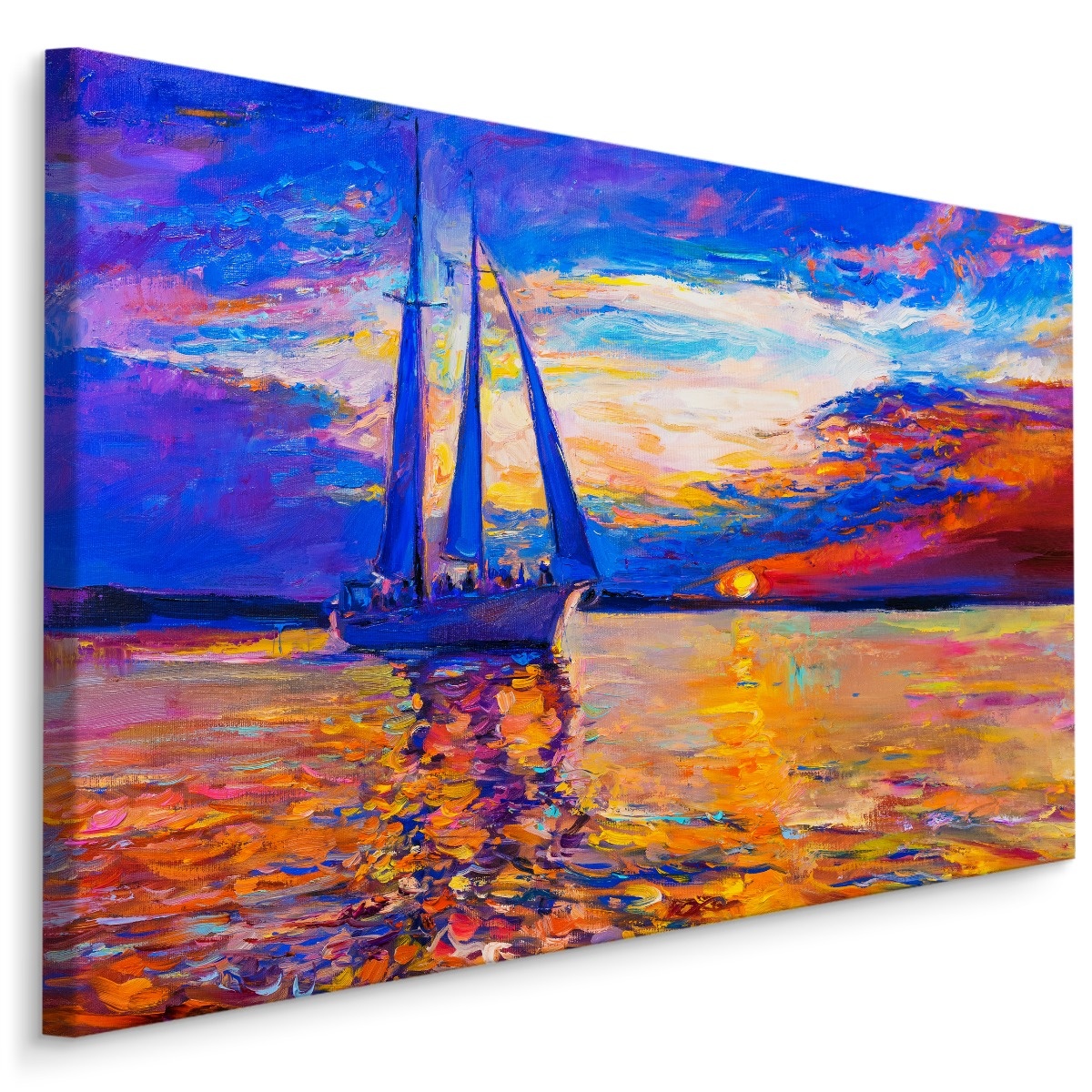 Schilderij - Zeilboot op kleurrijke zee (print op canvas), prachtige wanddecoratie afbeelding