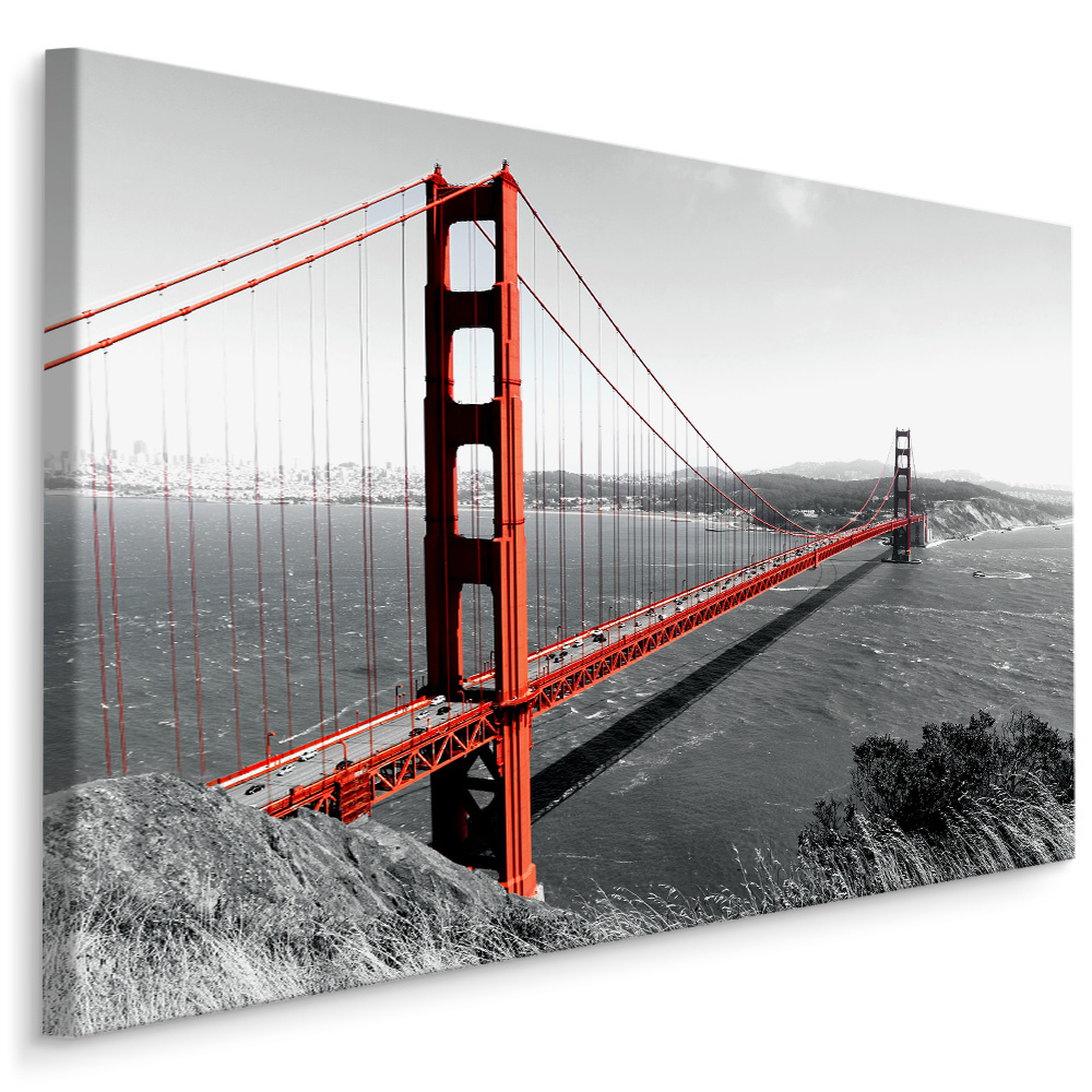 Schilderij - Golden Gate Bridge San Francisco, zwart-wit/rood, scherp geprijsd