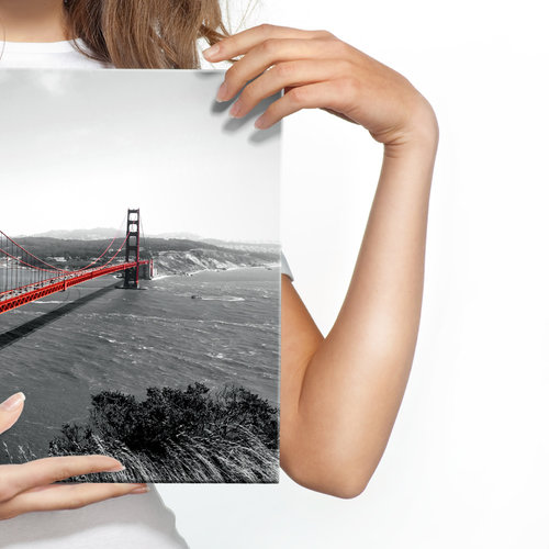 Schilderij - Golden Gate Bridge San Francisco, zwart-wit/rood, scherp geprijsd