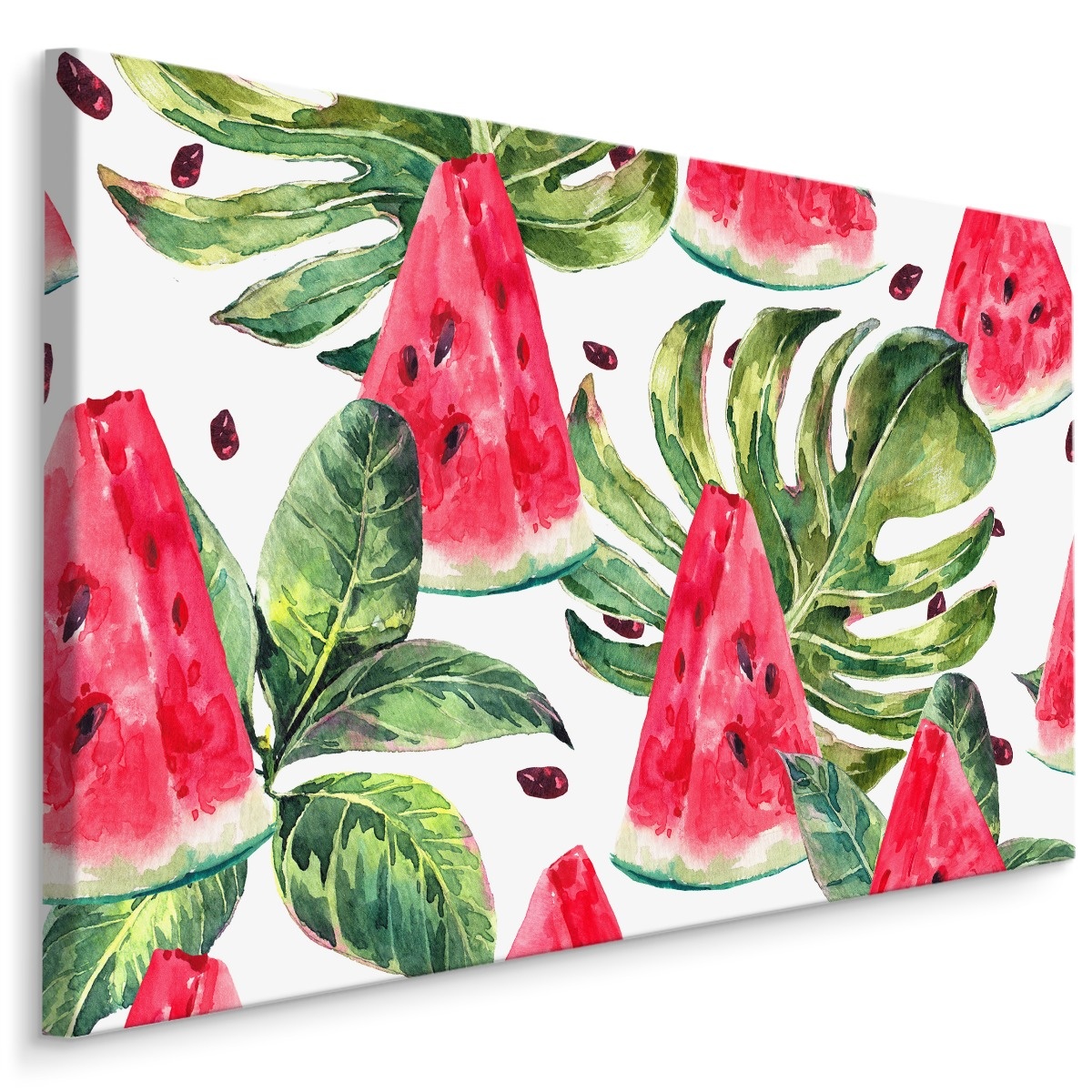 Schilderij - Tropische watermeloen (print op canvas), groen/rood/wit, wanddecoratie afbeelding