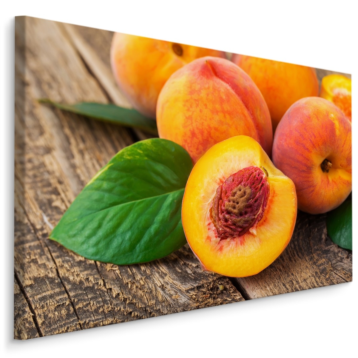 Schilderij - Perziken op hout, super scherpe print, wanddecoratie afbeelding