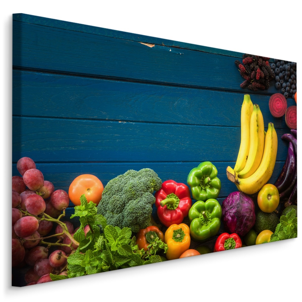 Schilderij - Groente en fruit op hout (print op canvas), multi-gekleurd, wanddecoratie afbeelding