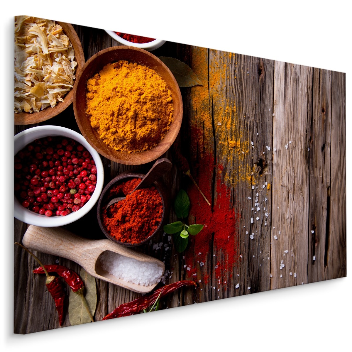 Schilderij - Scherpe specerijen op hout (print op canvas), multi-gekleurd, premium print afbeelding