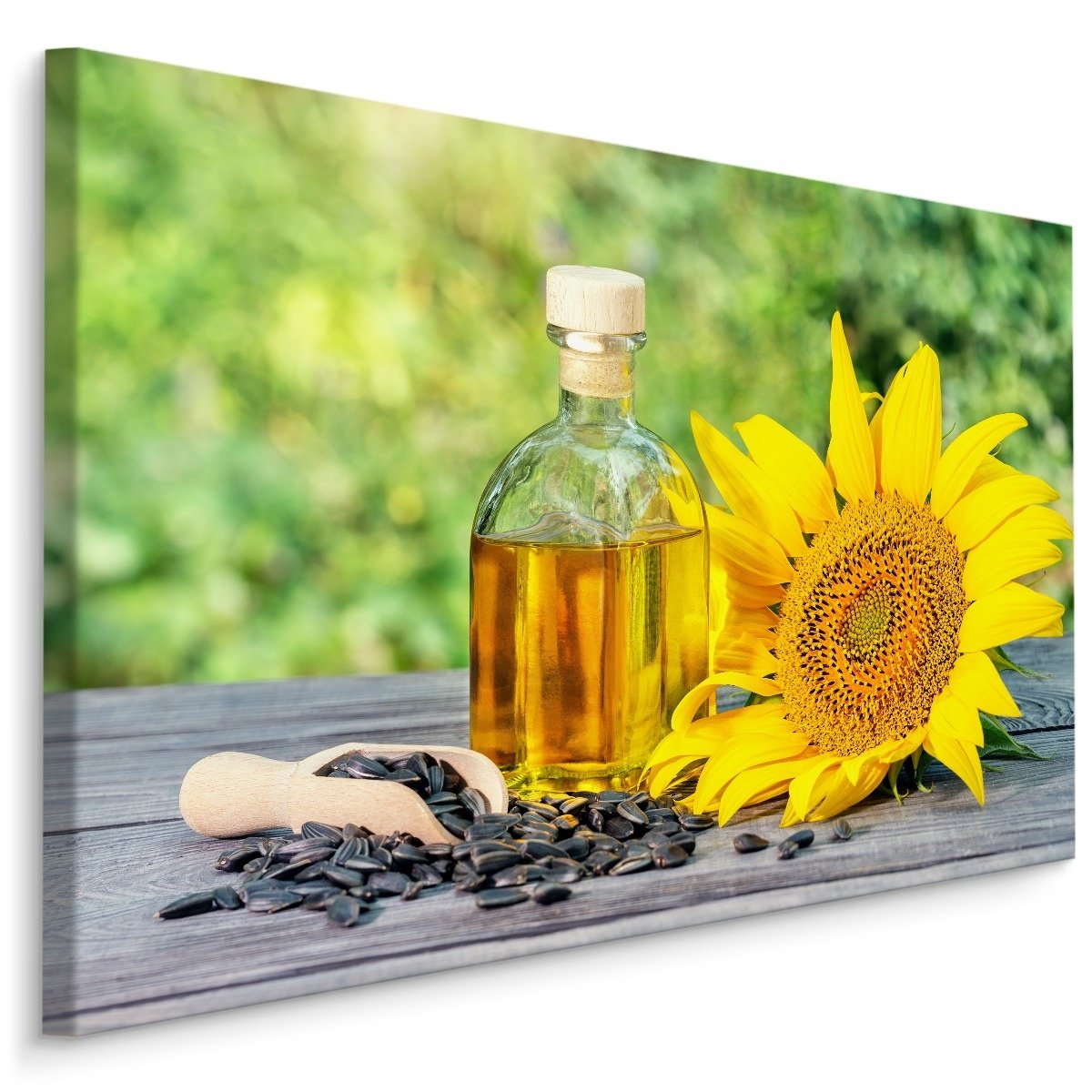 Schilderij - Zonnebloem en olie, multi-gekleurd, premium print afbeelding