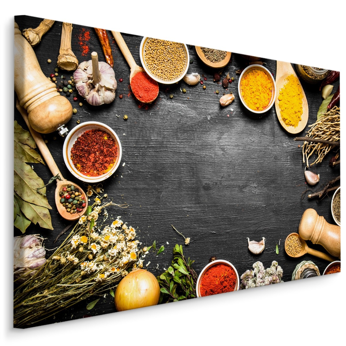 Schilderij - Tafel met specerijen, multi-gekleurd, wanddecoratie afbeelding