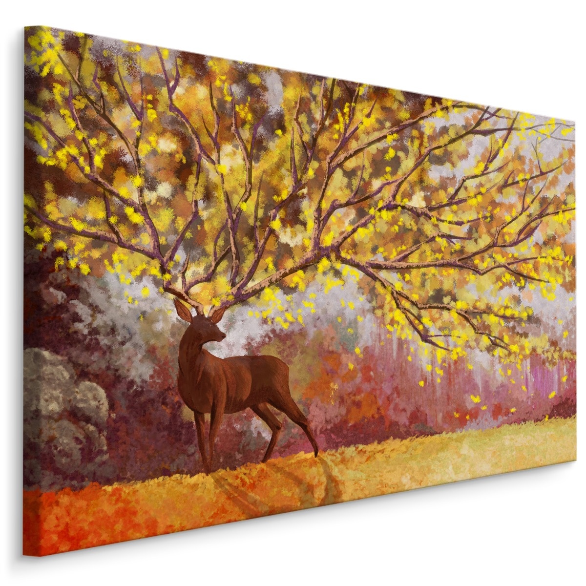 Schilderij - Hert met boom gewei (print op canvas), multi-gekleurd, wanddecoratie afbeelding