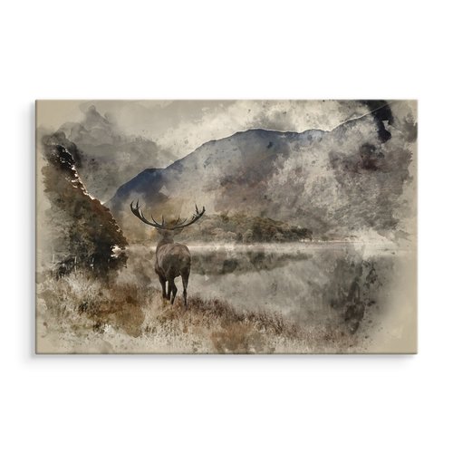 Schilderij - Hert met landschap (print op canvas), bruin, premium print