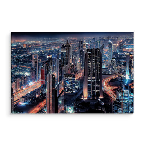 Schilderij - Dubai bij nacht, prachtig overzicht, 4 maten, premium print