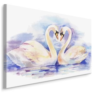 schilderij - Verliefde zwanen (print op canvas), 4 maten, blauw/wit, wanddecoratie