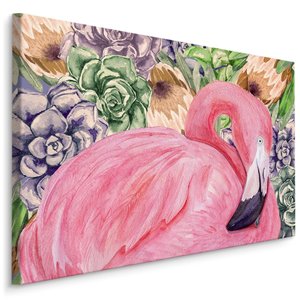 Schilderij - Roze Flamingo en bloemen (print op canvas), 4 maten, premium print Schilderij - Roze Flamingo en bloemen (print op canvas), 4 maten, premium print