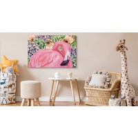 Schilderij - Roze Flamingo en bloemen (print op canvas), 4 maten, premium print