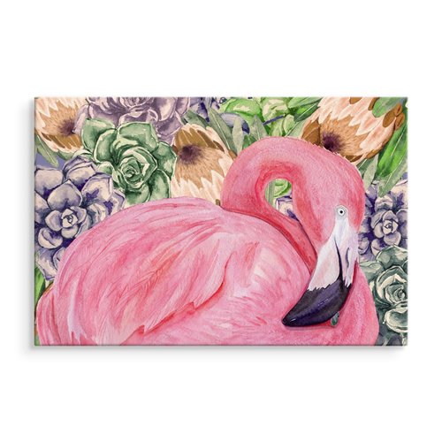 Schilderij - Roze Flamingo en bloemen (print op canvas), 4 maten, premium print