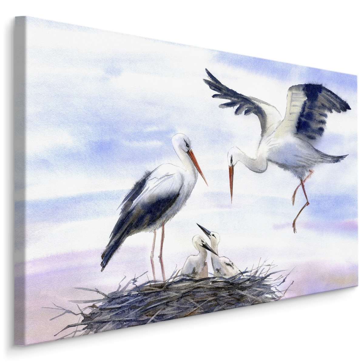 Schilderij - Ooievaar met nest, Aquarel kleuren, 4 maten, scherp geprijsd afbeelding