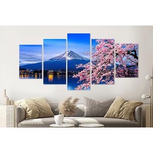 Karo-art Schilderij - Kersenbloesem en mount Fuji, 5 luik, 200x100cm  Wanddecoratie, premium print