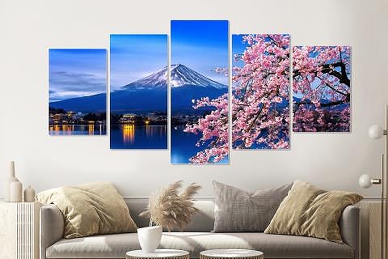 Schilderij - Kersenbloesem en mount Fuji, 5 luik, 200x100cm Wanddecoratie, premium print