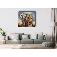 Schilderij - Metaalschilderij - Olifant en kalf, handgeschilderd op metaal 100x100cm Schilderij - Metaalschilderij - Olifant en kalf, handgeschilderd op metaal 100x100cm