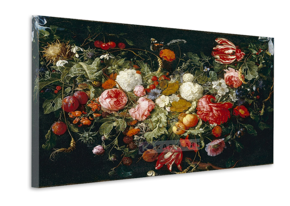 Schilderij - Slinger van bloemen en fruit, Jan Davidsz de Heem , print op canvas afbeelding