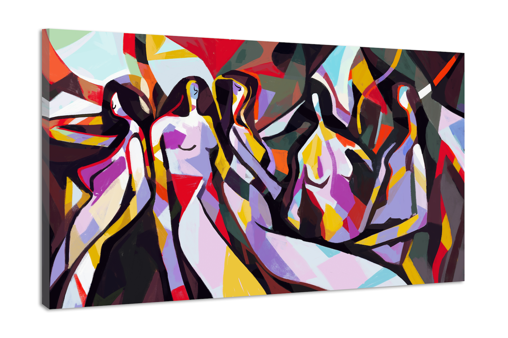 Schilderij -Abstracte vrouw met primaire kleur, Picasso en Mondriaan stijl, 2 maten afbeelding