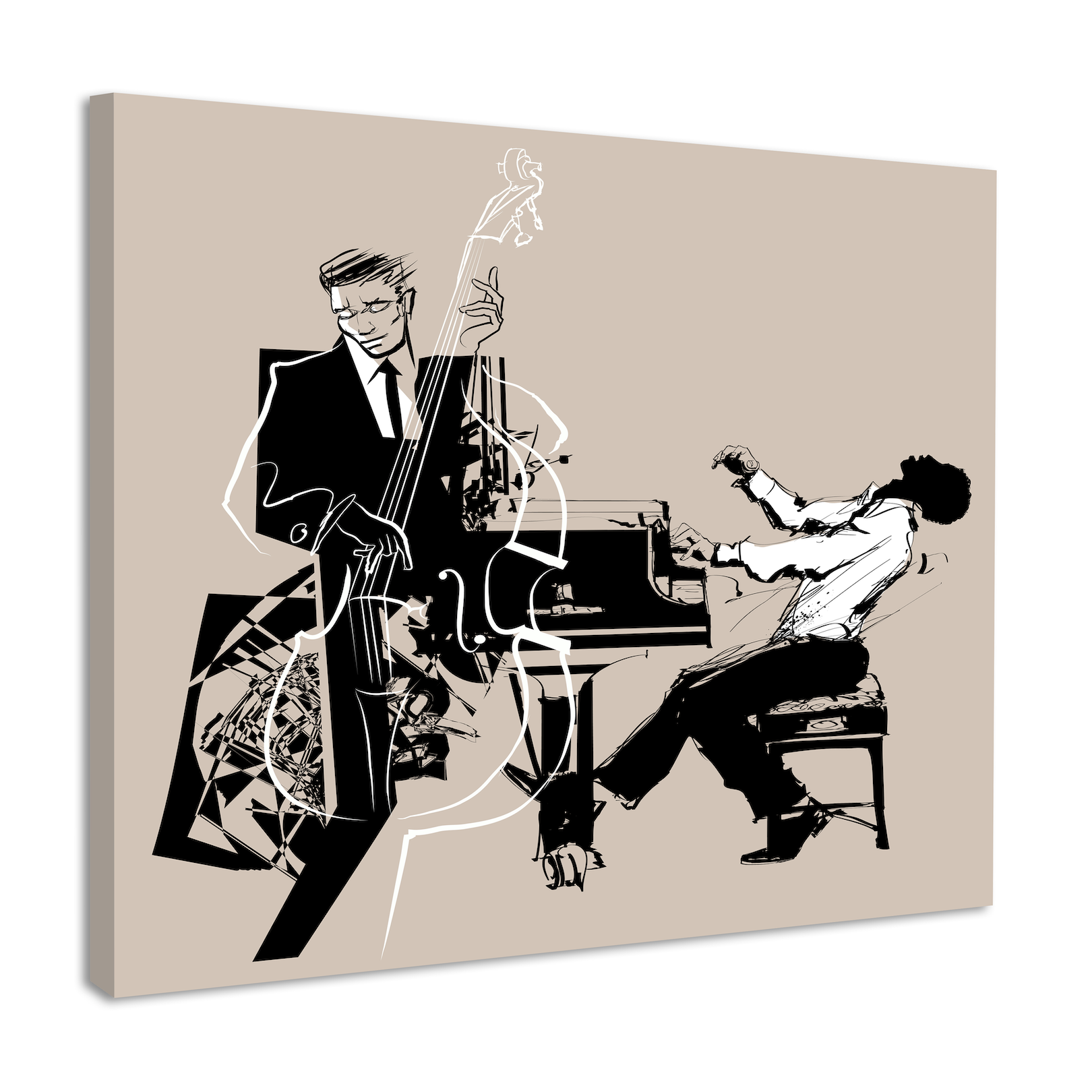 Schilderij - Contrabas en piano speler, jazz, premium print afbeelding