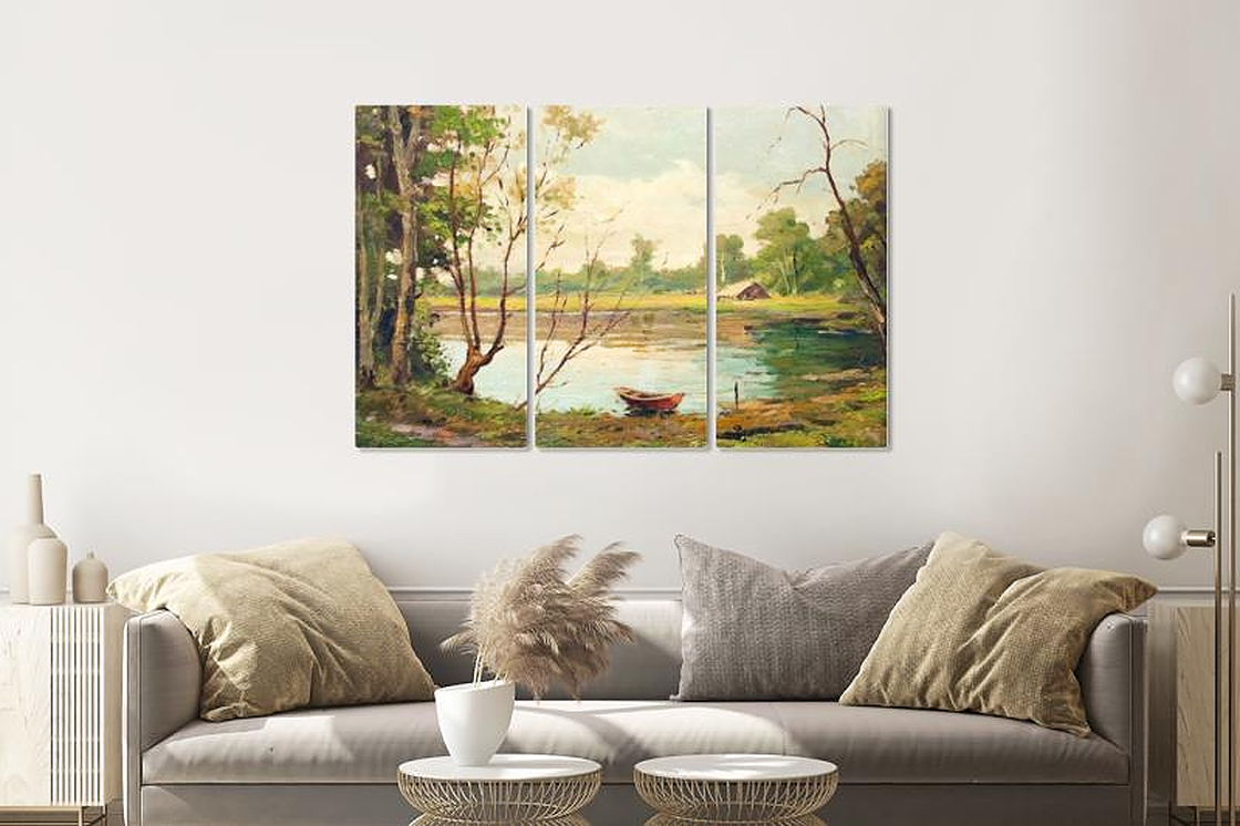 Schilderij - Boot op meer, print op canvas , Multikleur , 3 luik , Premium print afbeelding