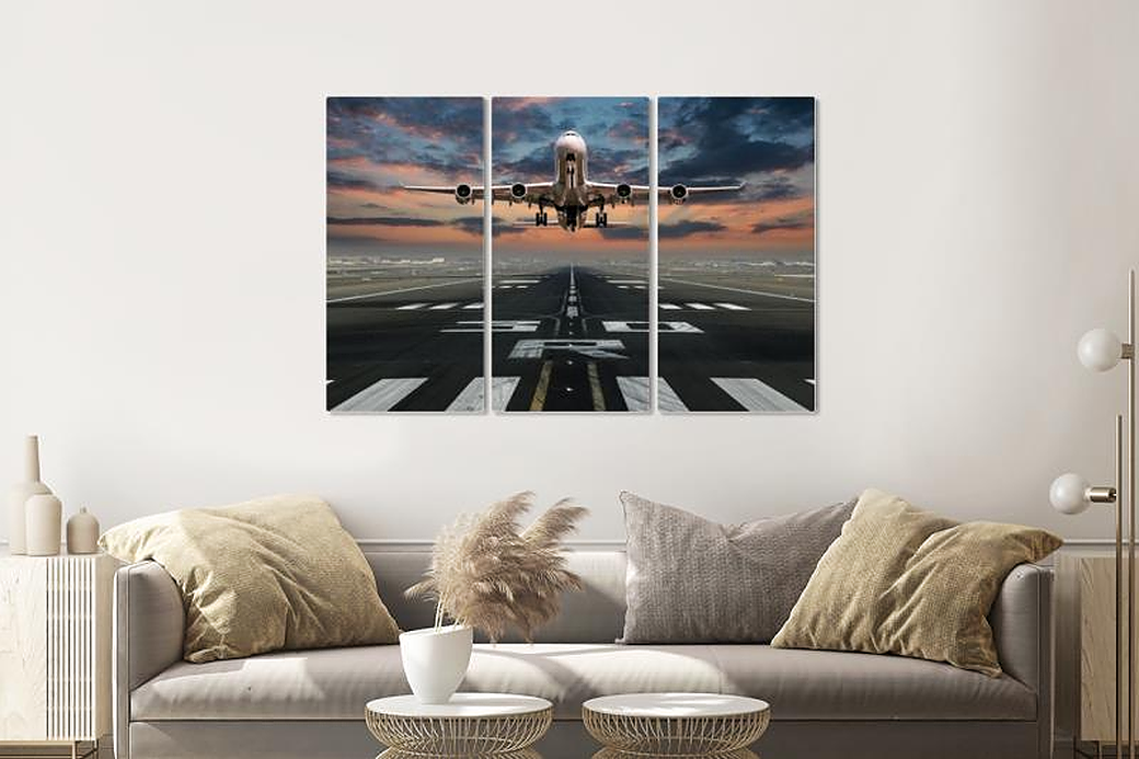 Schilderij - Opstijgend vliegtuig, 120x80cm , Multikleur , 3 luik , Premium print afbeelding