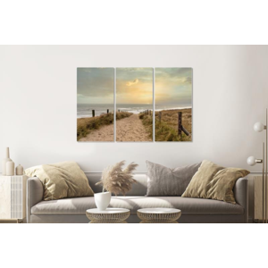 Karo-art Schilderij -  Zonsondergang Noordzee , 120x80cm, 3 luik , Wanddecoratie