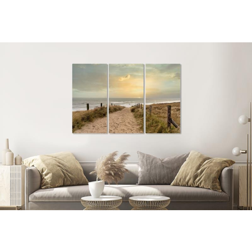 Karo-art Schilderij -  Zonsondergang Noordzee , 120x80cm, 3 luik , Wanddecoratie