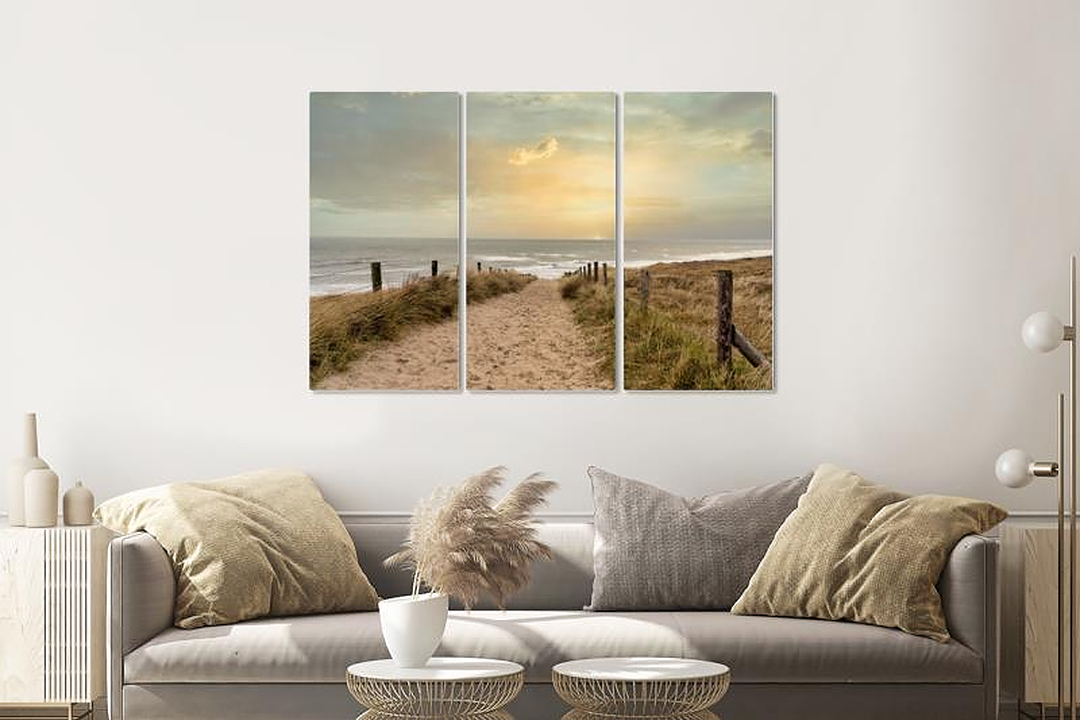 Schilderij - Zonsondergang Noordzee , 120x80cm, 3 luik , Wanddecoratie afbeelding