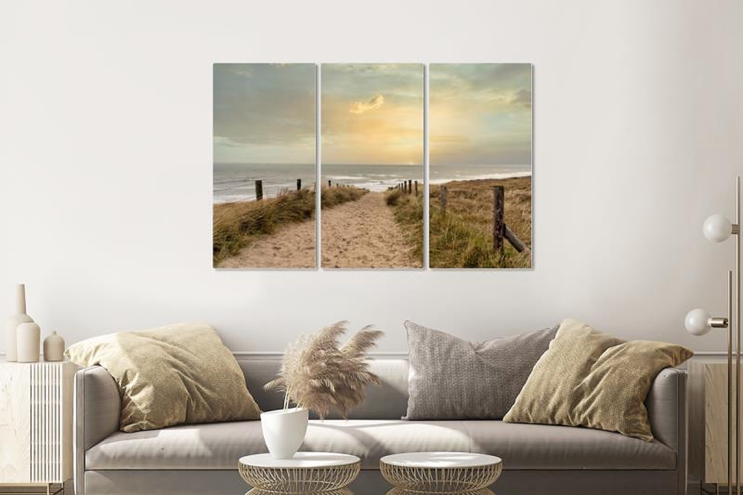 Schilderij - Zonsondergang Noordzee , 120x80cm, 3 luik , Wanddecoratie