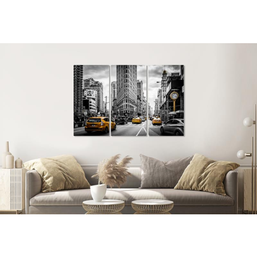 Karo-art Schilderij -  Gele taxi in zwart en wit New York, 120x80cm, 3 luik, zwart wit geel