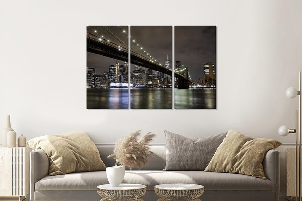 Schilderij - Brooklyn Bridge in de avond, NYC, 120x80cm, 3 luik, premium print afbeelding