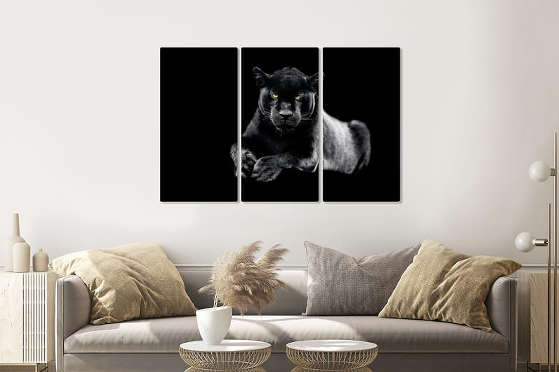 Schilderij - Zwarte panter, 120x80cm, 3 luik, premium print afbeelding