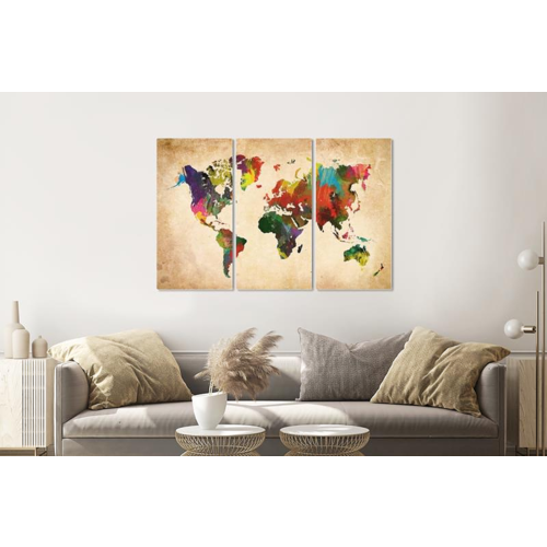 Karo-art Schilderij -  Artistieke wereldkaart in kleuren, 120x80cm, 3 luik, premium print