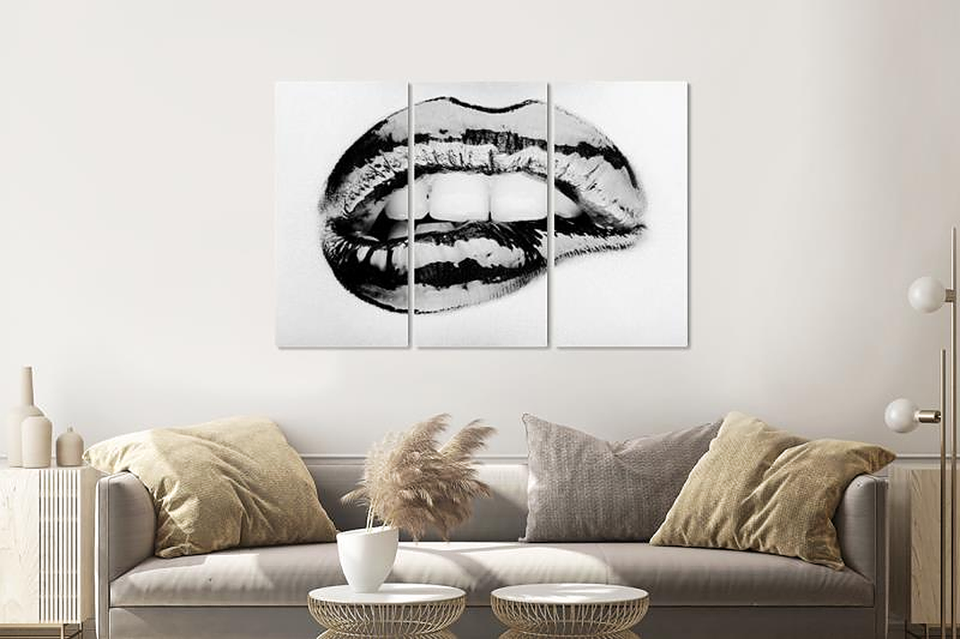 Schilderij - Metallic lippen, zwart/wit, 120x80cm, 3 luik, premium print afbeelding