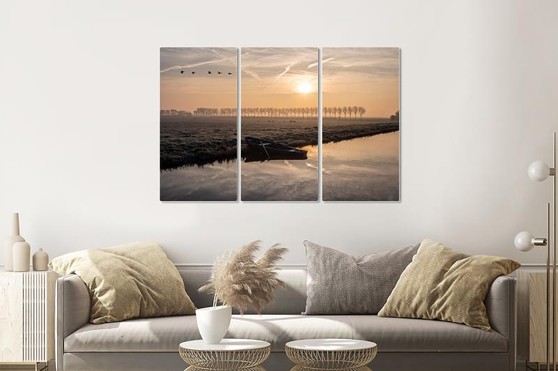 Schilderij - Ochtend in de polder, Hollands landschap, 120x80cm, 3 luik, premium print afbeelding