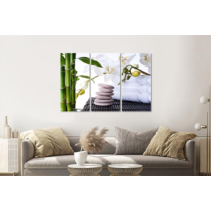 Karo-art Schilderij -  Orchidee, Zen stenen en bamboe, 120x80cm, 3 luik, premium print