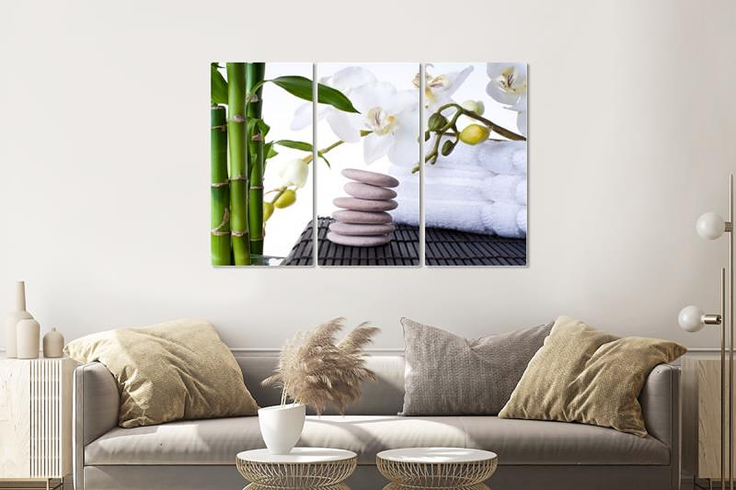 Schilderij - Orchidee, Zen stenen en bamboe, 120x80cm, 3 luik, premium print afbeelding