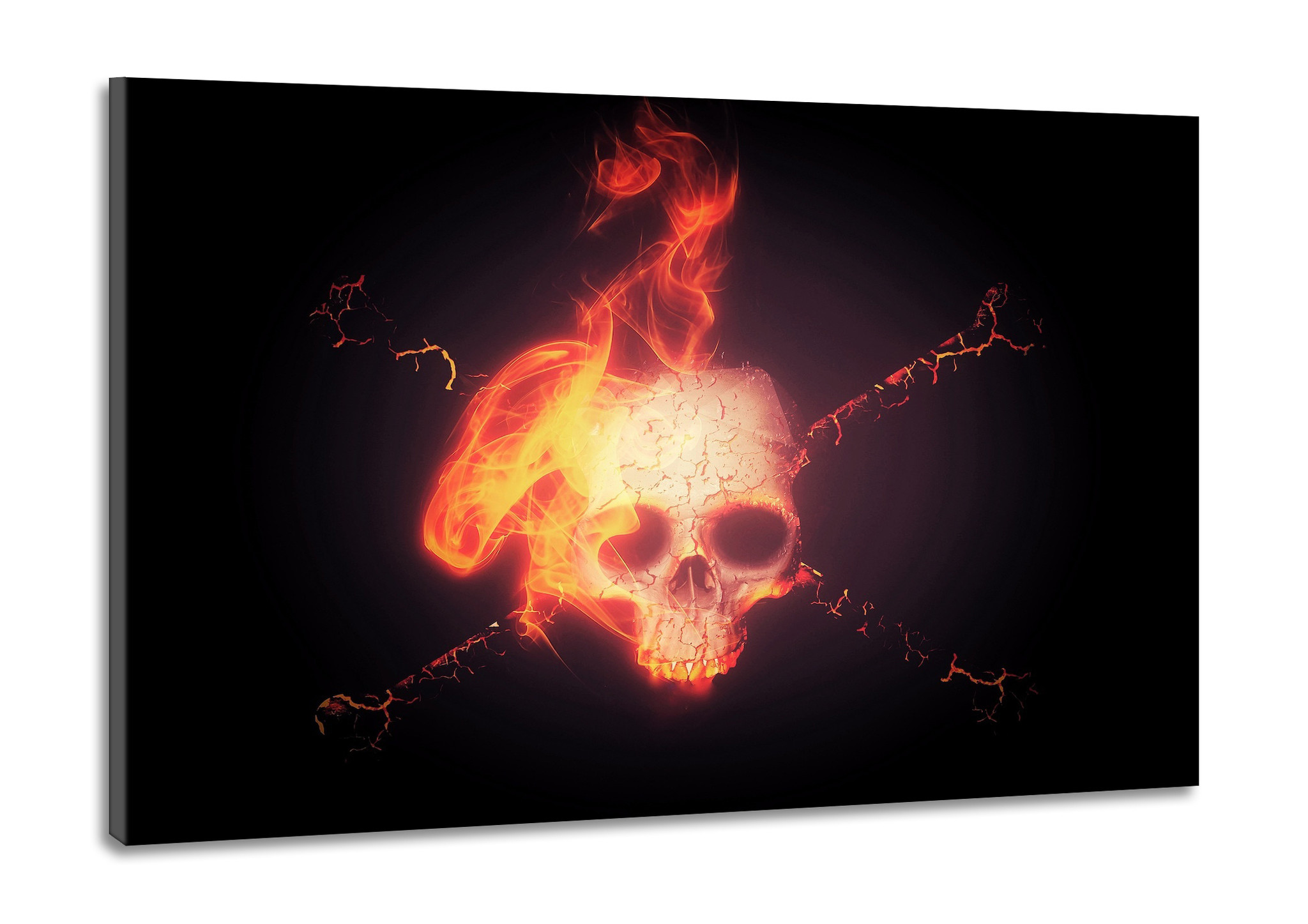Schilderij -Brandende schedel met zwarte achtergrond, 100x70cm Premium print afbeelding