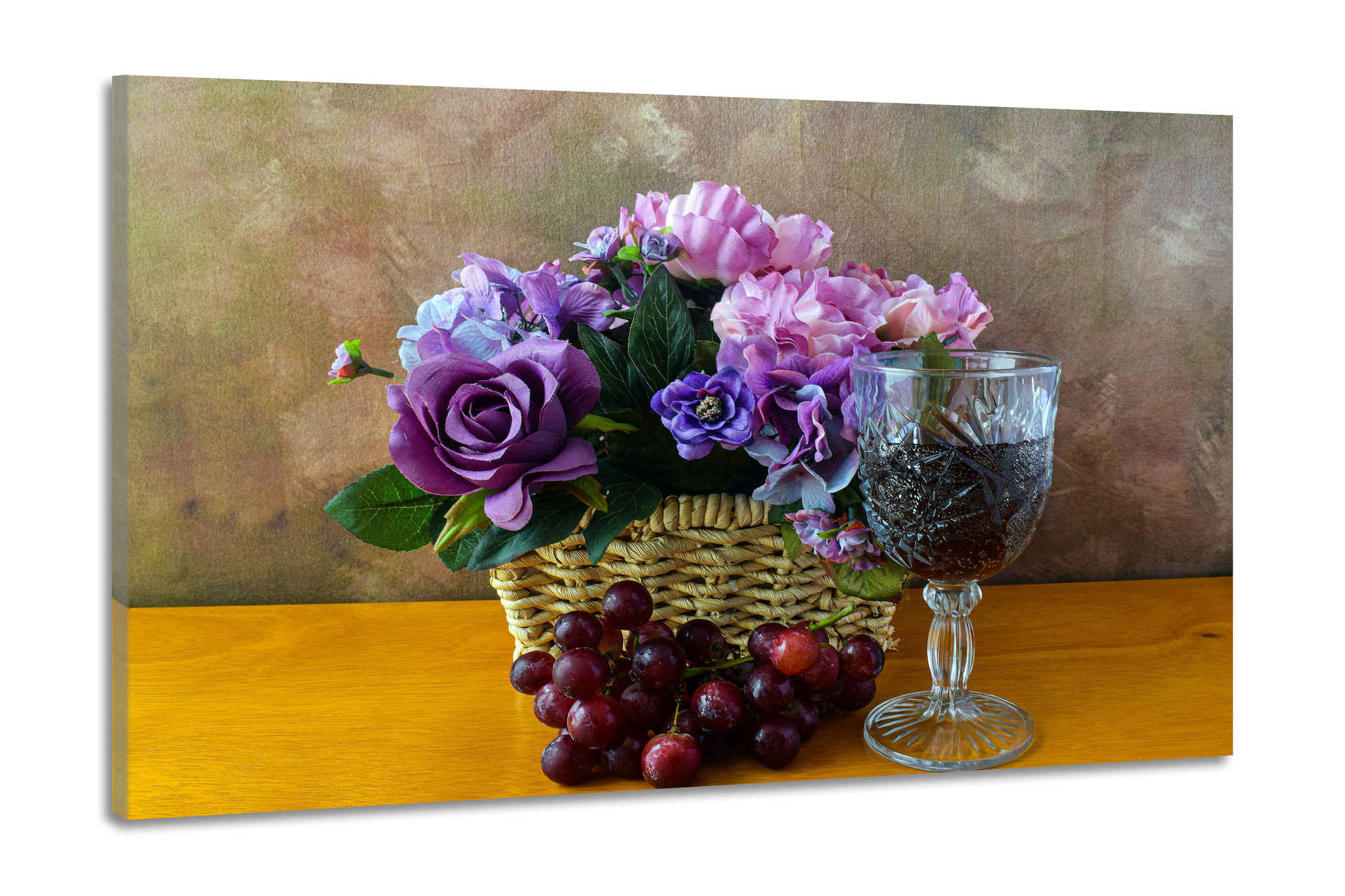 Schilderij -Druiven met een glas wijn en bloemen, 100x70cm. Premium print, wanddecoratie