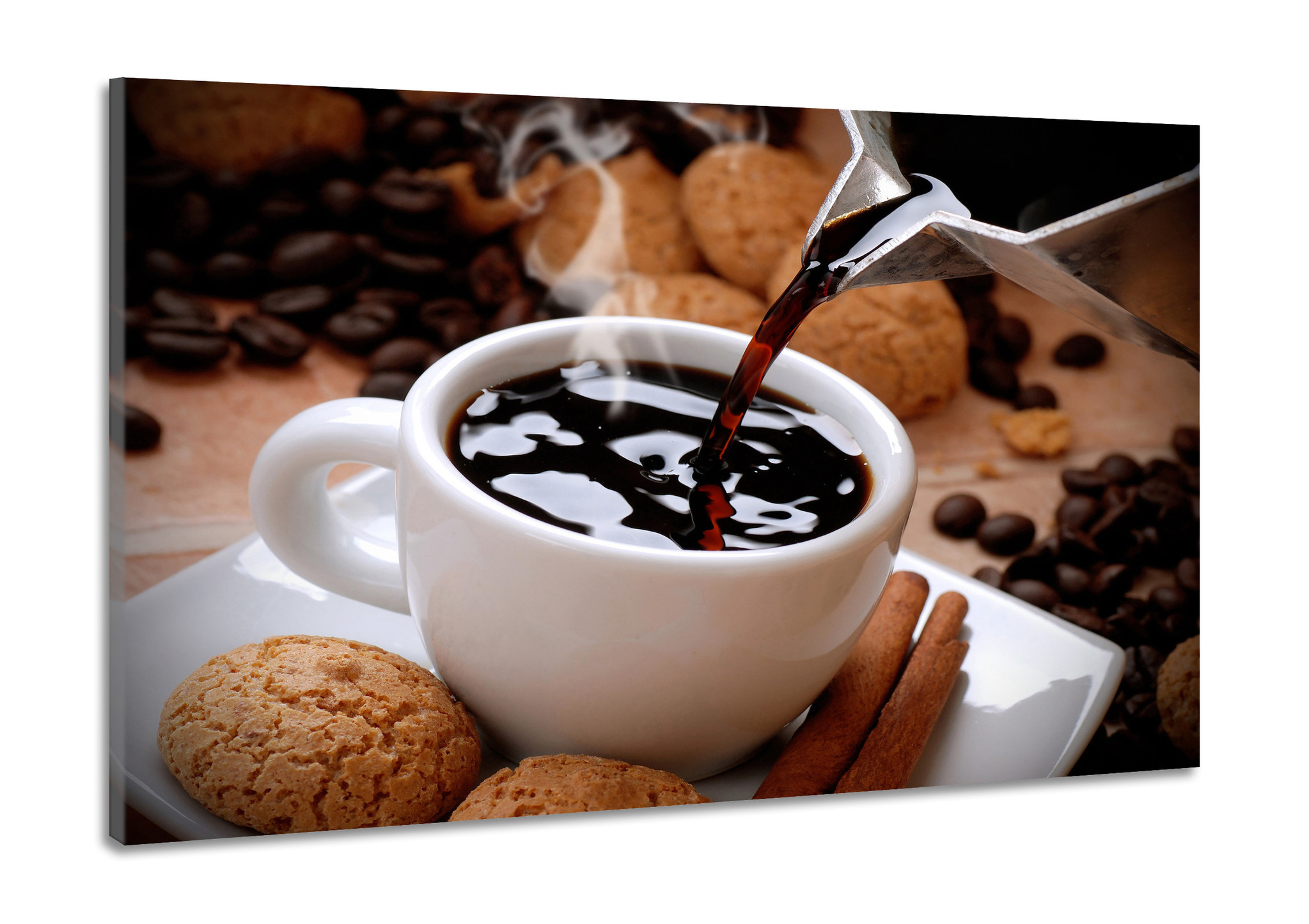 Schilderij -Hete koffie met koekjes, 100x70cm Premium print afbeelding