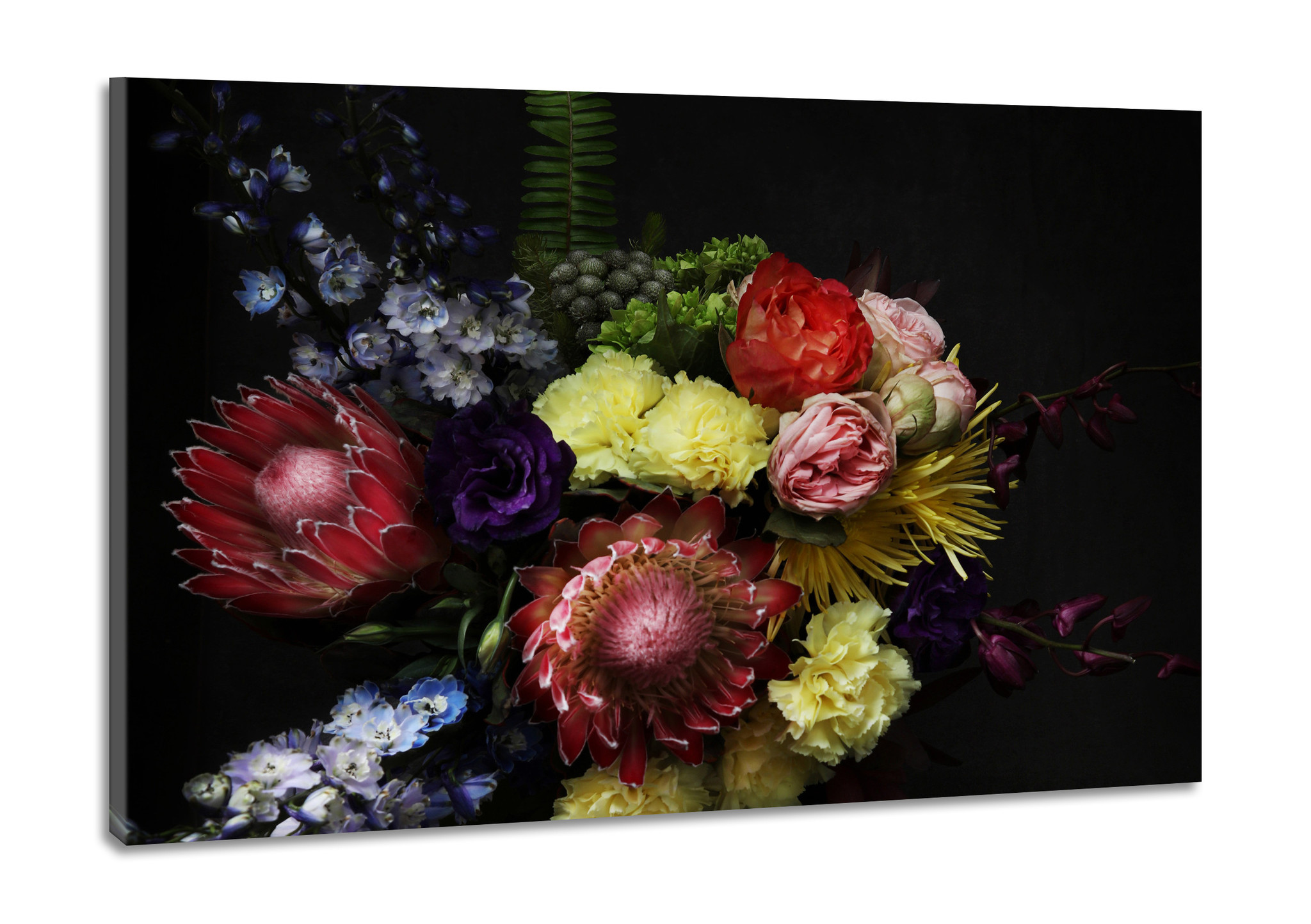 Schilderij -Stilleven met Bloemen op donkere achtergrond, 100x70cm, wanddecoratie